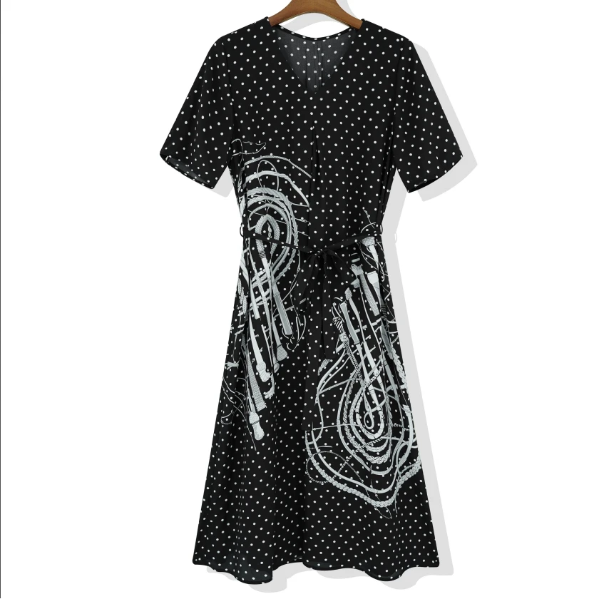 100%桑蚕丝波点气质高定连衣裙25DAK0671