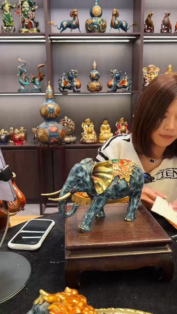 黄铜蓝色小象一对-13