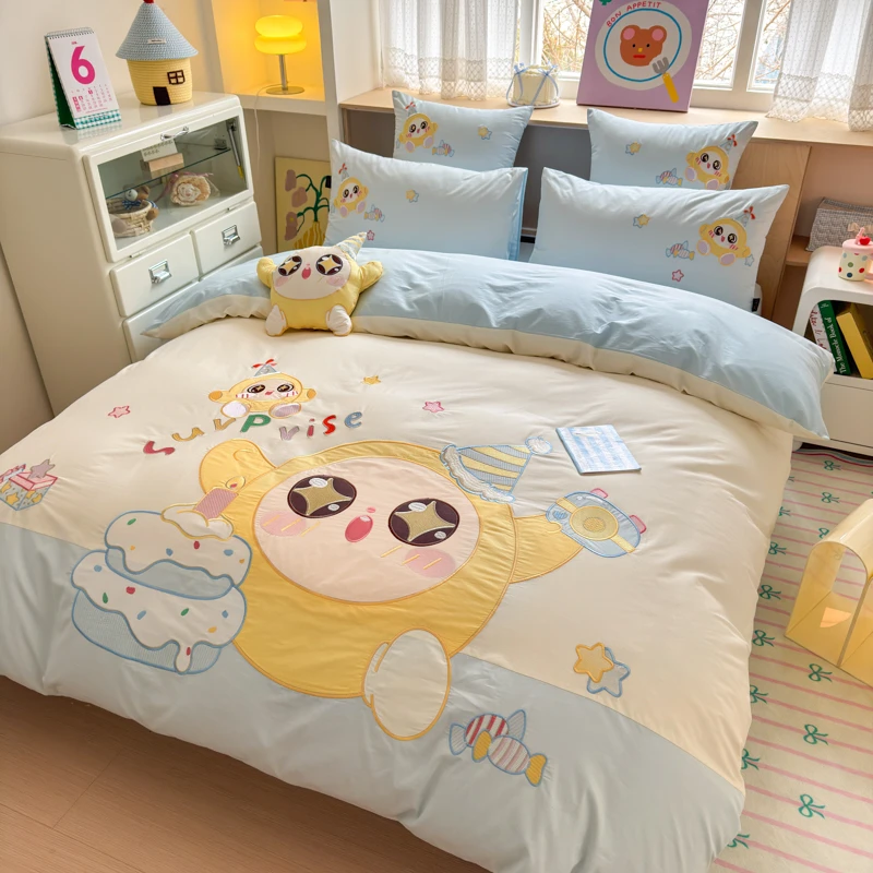 卡通纯棉绣花四件套可爱儿童被套蛋仔被罩床单单人床用全棉三件套