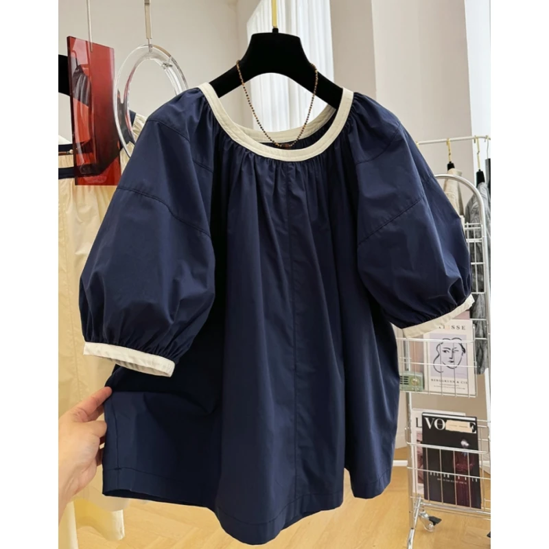 0569韩系高端别致大领口圆领短袖娃娃衫女夏季减龄小衫上衣衬衫