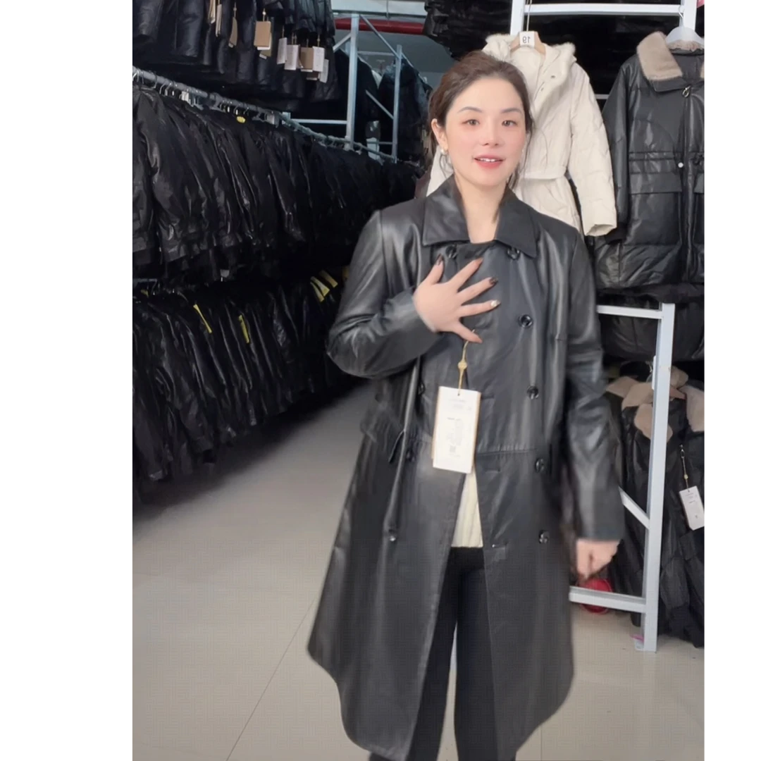 小牛皮欧美范长款风衣外套时尚休闲百搭女士黑色春季中长款66222