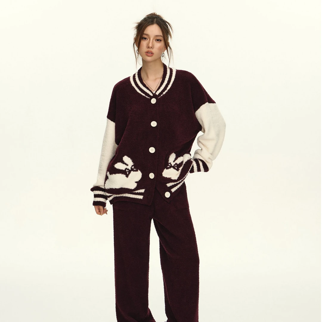 Dreamhaos秋冬半边绒双兔开衫可外穿保暖搭子潮酷风家居服女套装