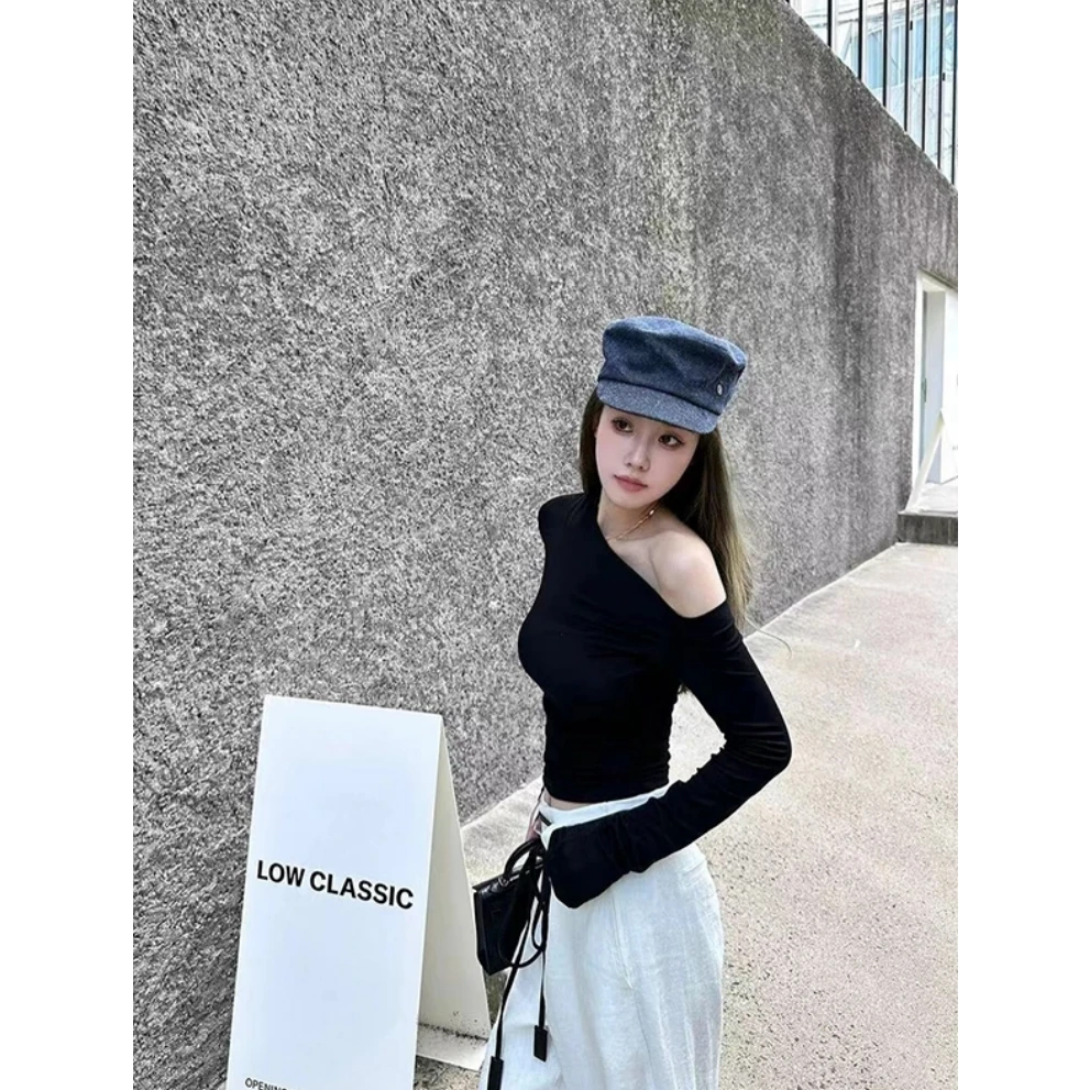 「cool&sexy」云朵感天丝不规则斜肩修身长袖针织衫收腰T恤秋季