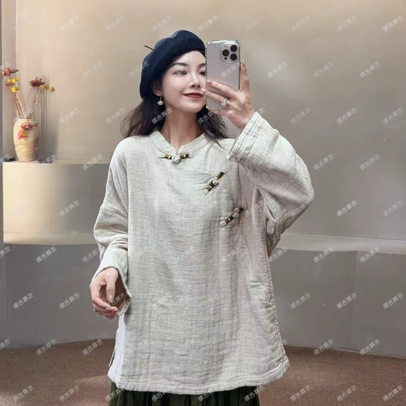 春-原创设计25-39麻100立领斜襟盘扣复古长袖休闲衬衫上衣