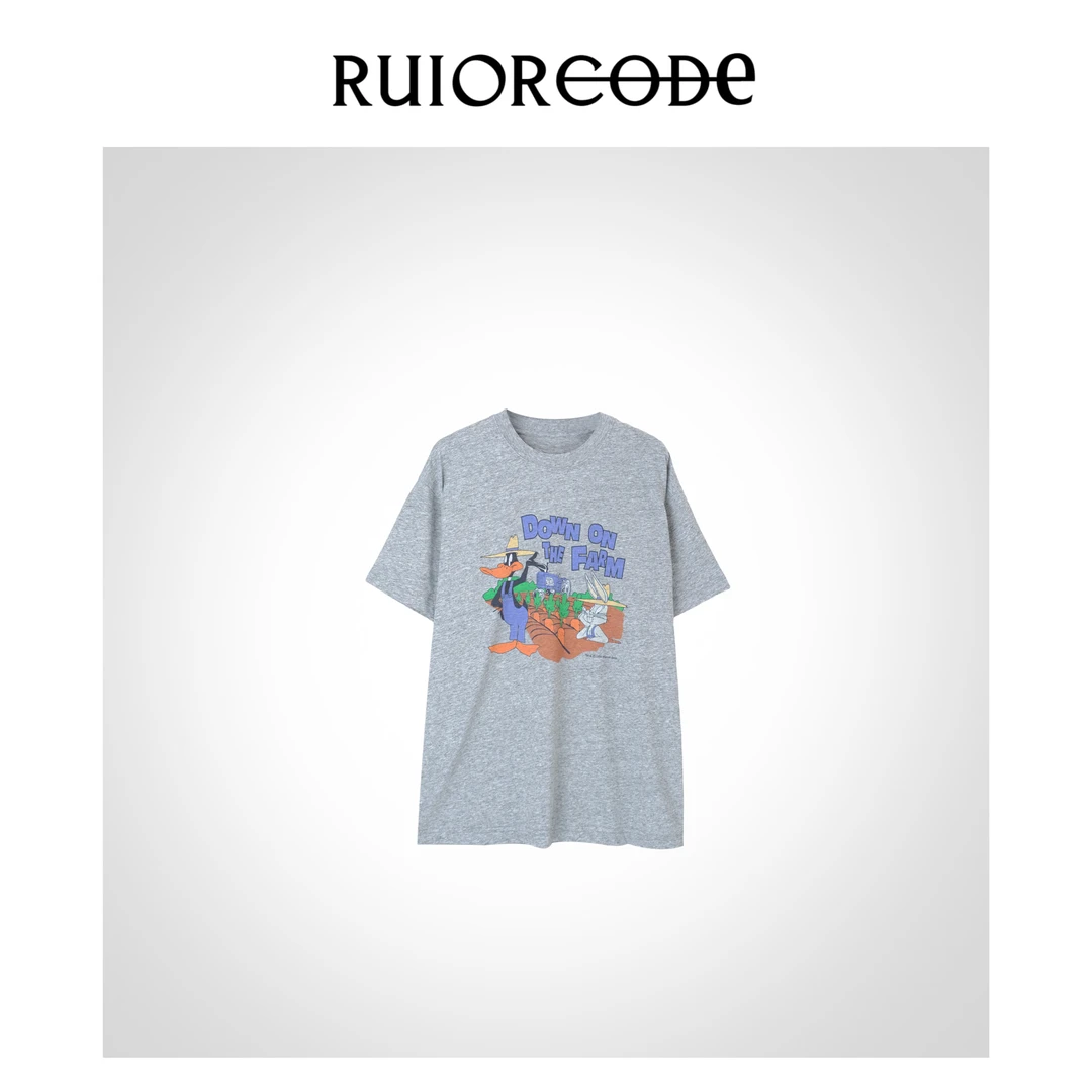 【RUIORCODE】卡通鸭&兔子字母图案休闲圆领短袖 理性消费##