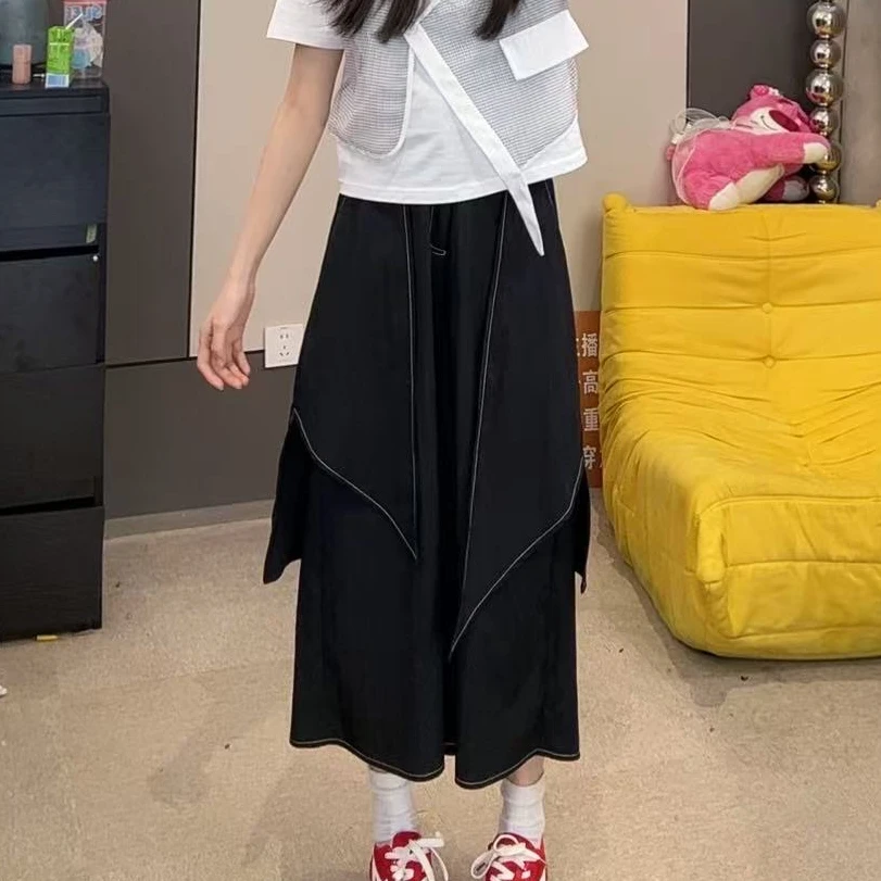 蔡小姐欧美女装新款春夏休闲裤假两件白线长裤宽松街头潮牌阔腿裤