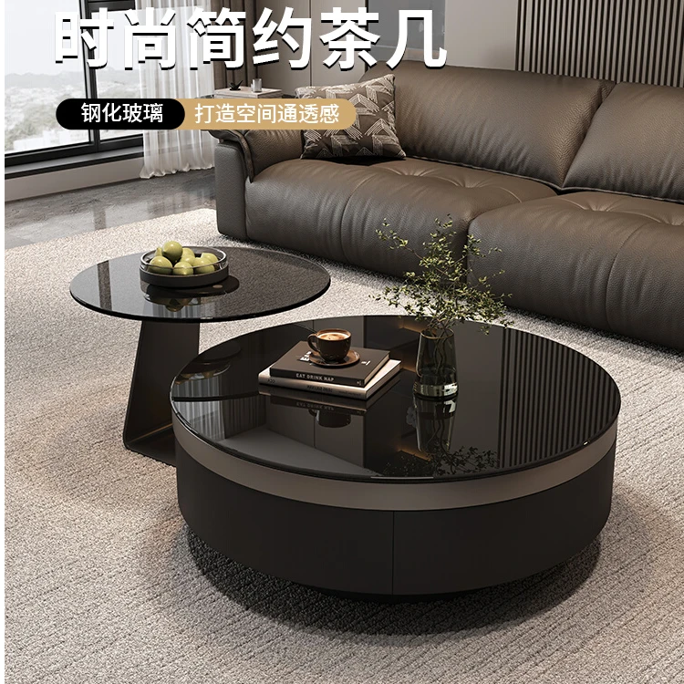 意式轻奢玻璃茶几带抽屉小户型客厅简约高级现代网红极简茶几组合
