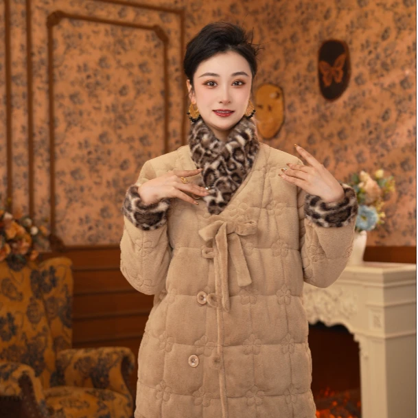 【豹纹领●长款】女士可外穿家居服长款三层夹棉加厚保暖套装