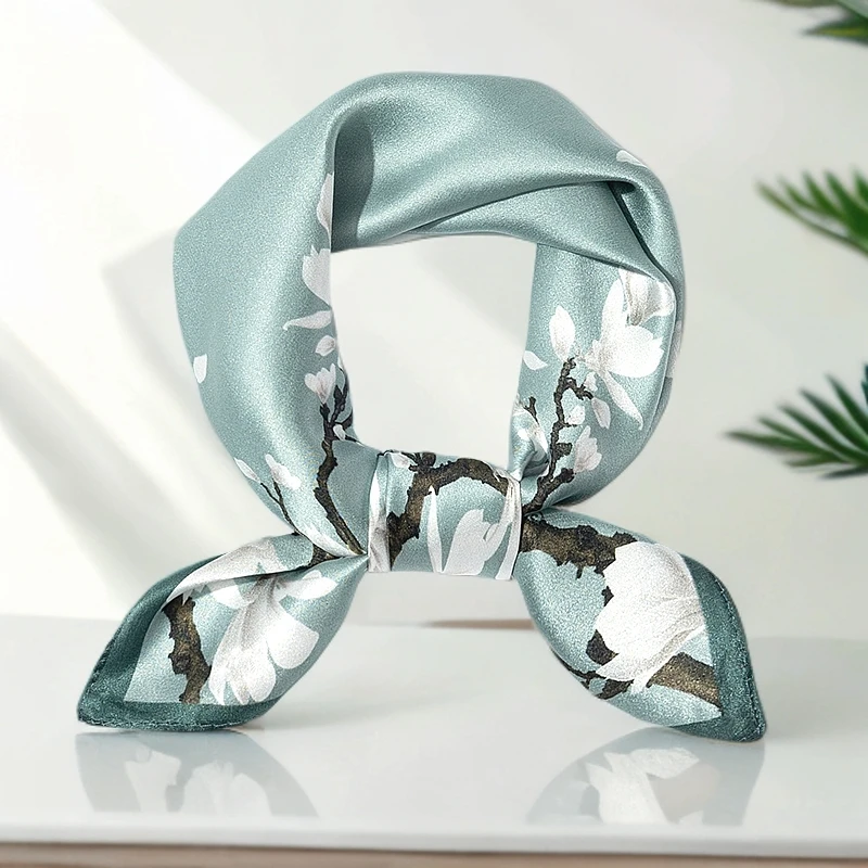 品牌高端100%桑蚕丝53cm真丝绿色丝巾女高档护颈小方巾礼物礼盒装