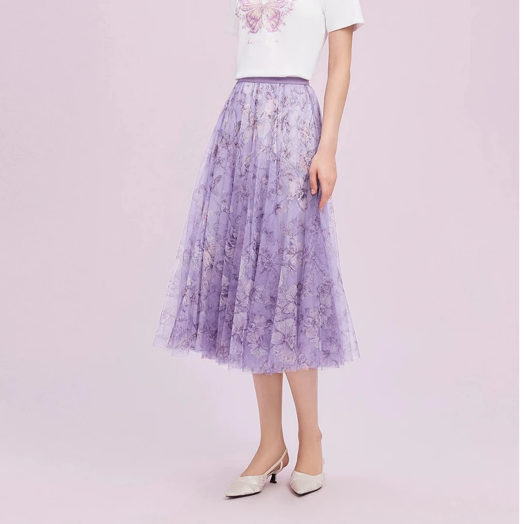 【拉】高腰花卉印花飘逸纱质中长款大摆a字半身裙LBQ005