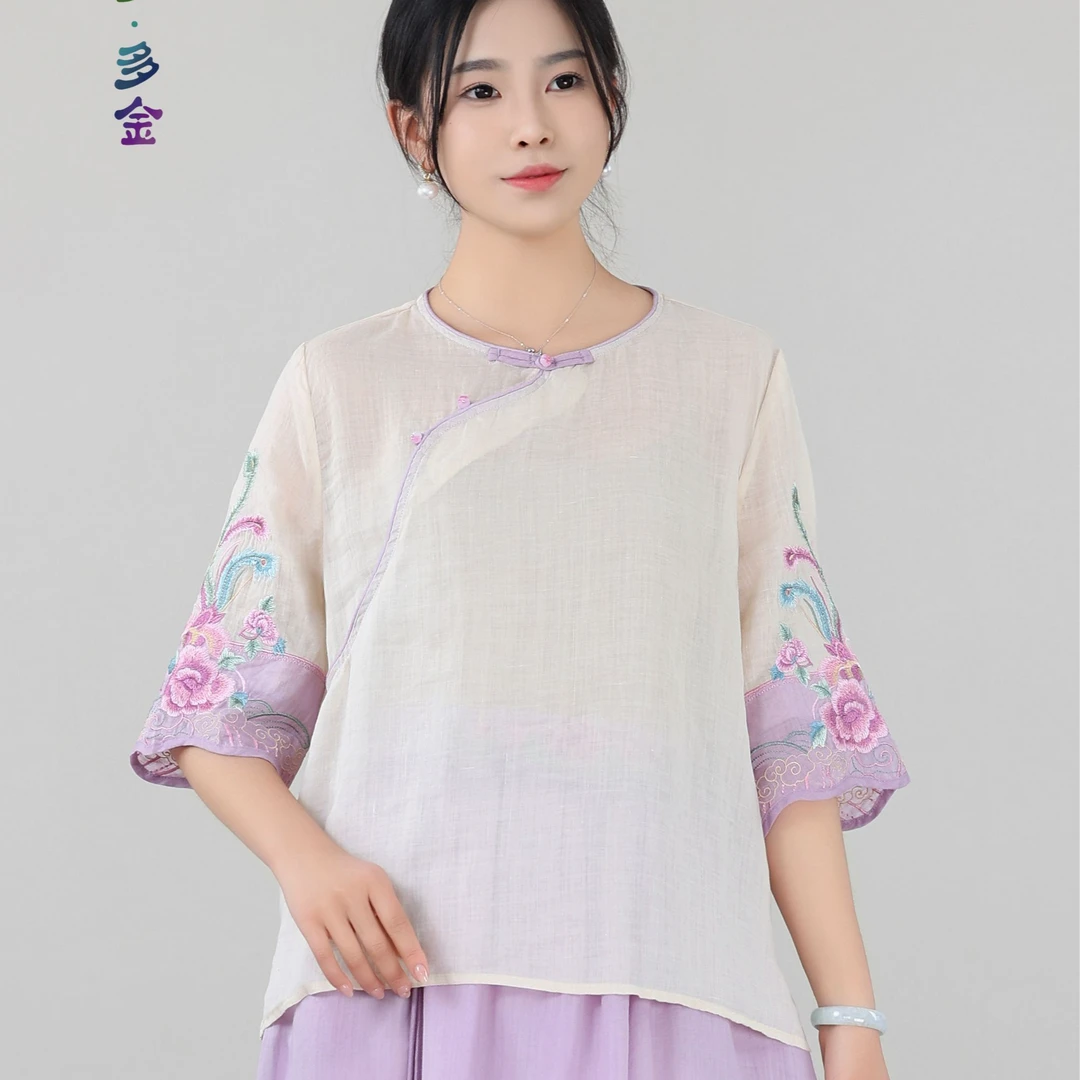 炫织梦多金新中式苎麻刺绣上衣夏季斜襟中国风圆领七分袖旗袍小衫