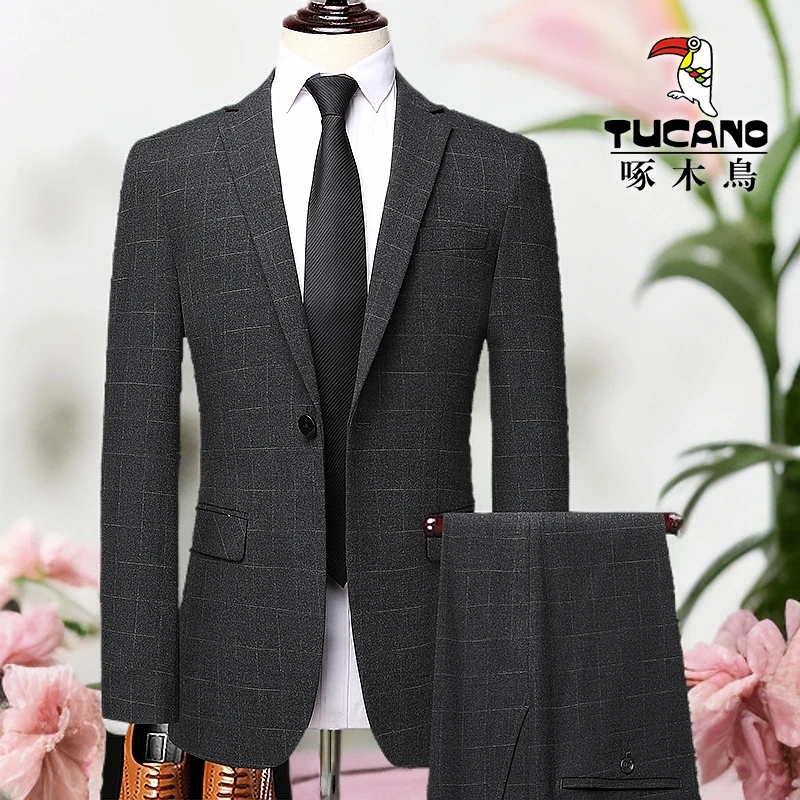 TUCANO/啄木鳥格纹西服套装男士修身西装两件套英伦风格四季款
