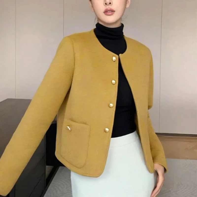 圆领系扣休闲羊毛短外套显瘦时尚常规韩版气质长袖韩版羊毛外套