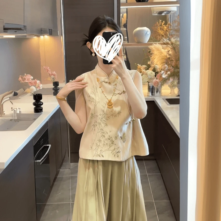 新中式重工时尚套装女2025夏季新款中国风竹叶秀气阔腿裤两件套子