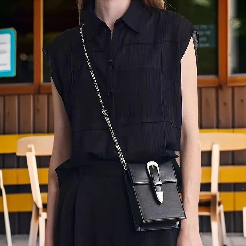 韩版手机斜挎包单肩包链条包时尚黑色百搭小众手机包小挎包小包包