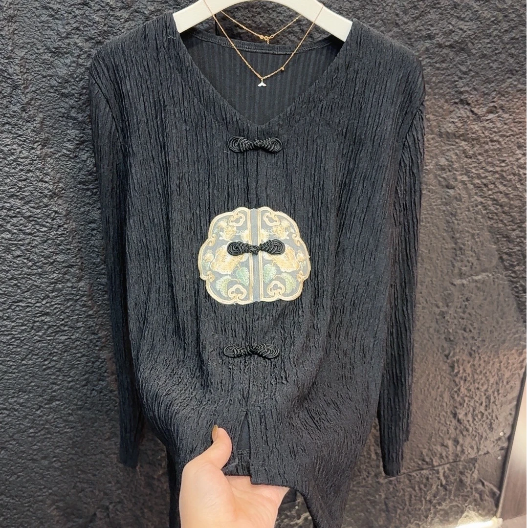 千叶褶秋季新款时尚百搭祥云盘扣国风上衣打底显瘦洋气不变形弹力