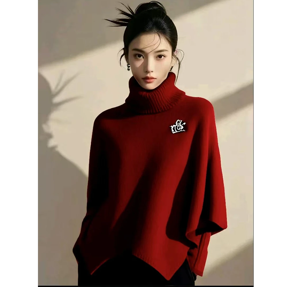 网红羊绒纯色2025春节红色针织衫上衣冬季新款慵懒感超好看假毛衣