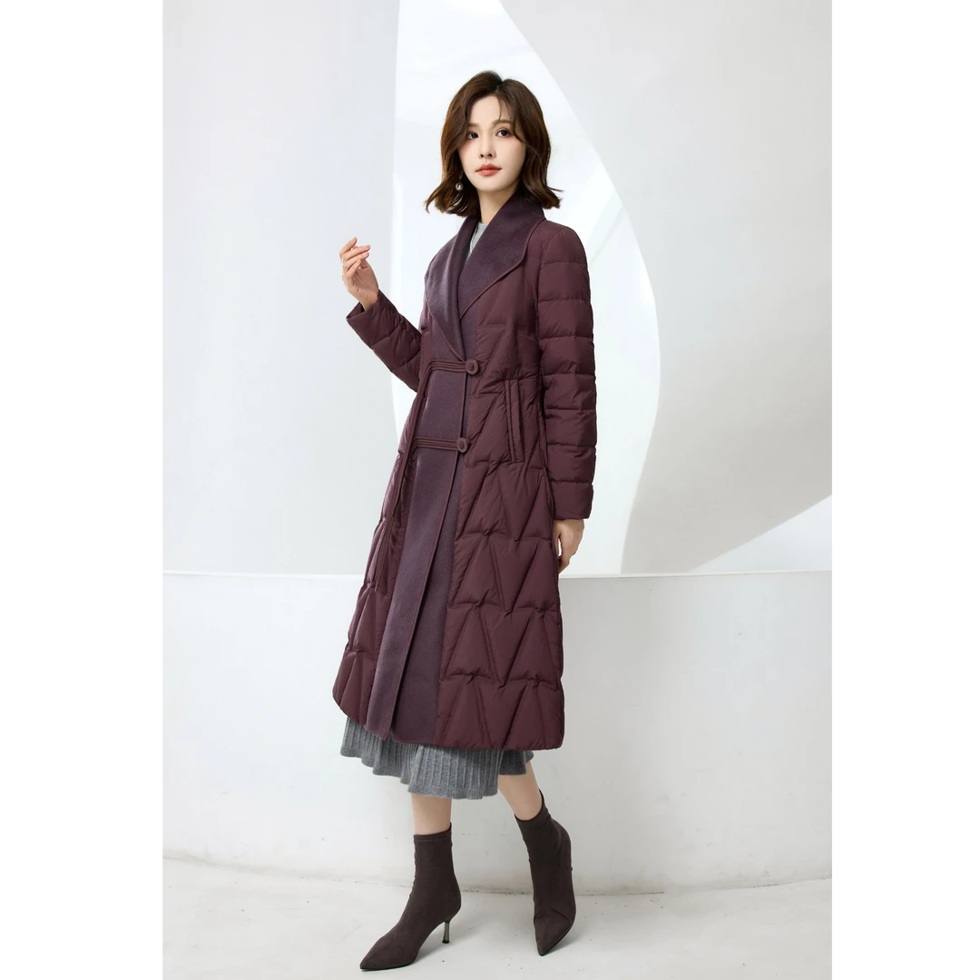 25-032#2024冬季新款高端气质羊毛呢拼接翻领羽绒服中长款外套