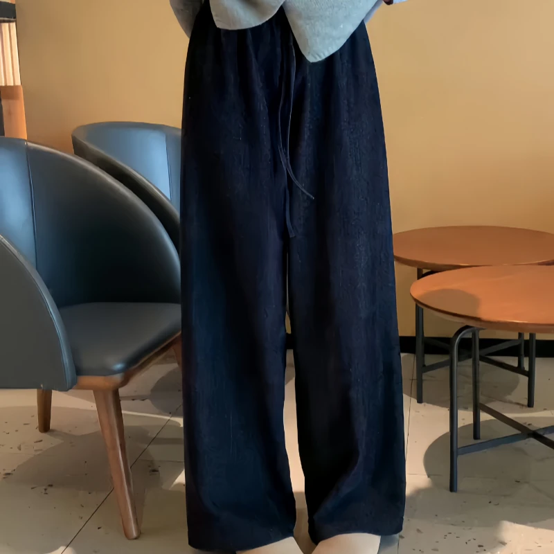 秋季时尚风设计款阔腿休闲裤韩系松紧腰高级感简约日常通勤休闲裤