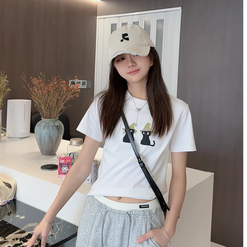 跳跳鱼青少年装2025夏季韩系休闲时尚显瘦卡通猫咪图案短袖279102