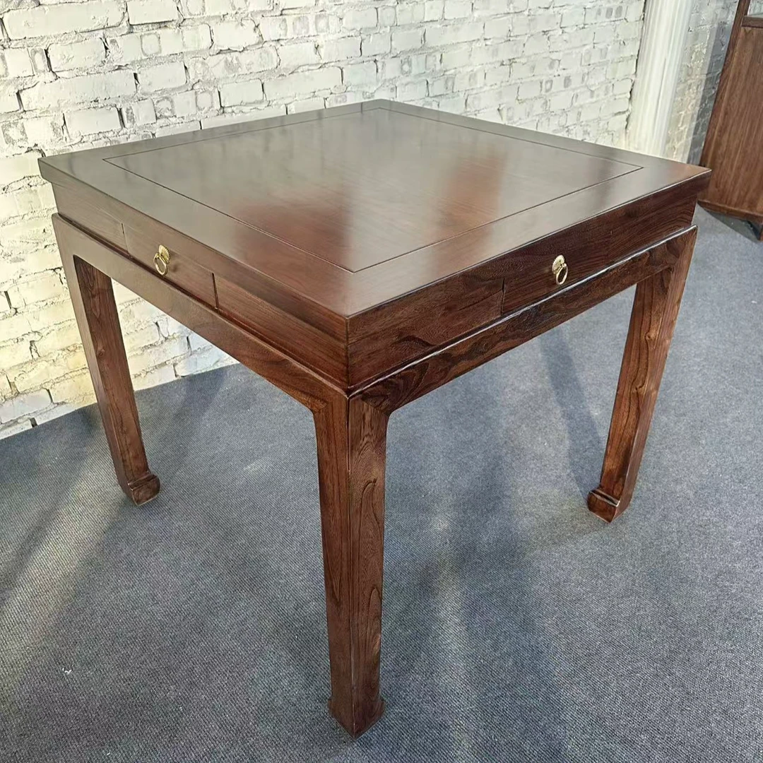 老榆木中式四方桌八仙桌吃饭桌打牌棋牌桌茶桌实木家用掼蛋桌