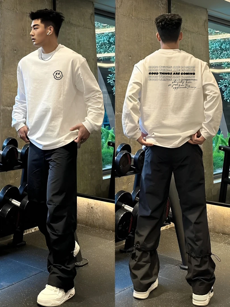 【重磅纯棉】cleanfit美式简约长袖T恤秋季宽松百搭休闲潮流印花ins