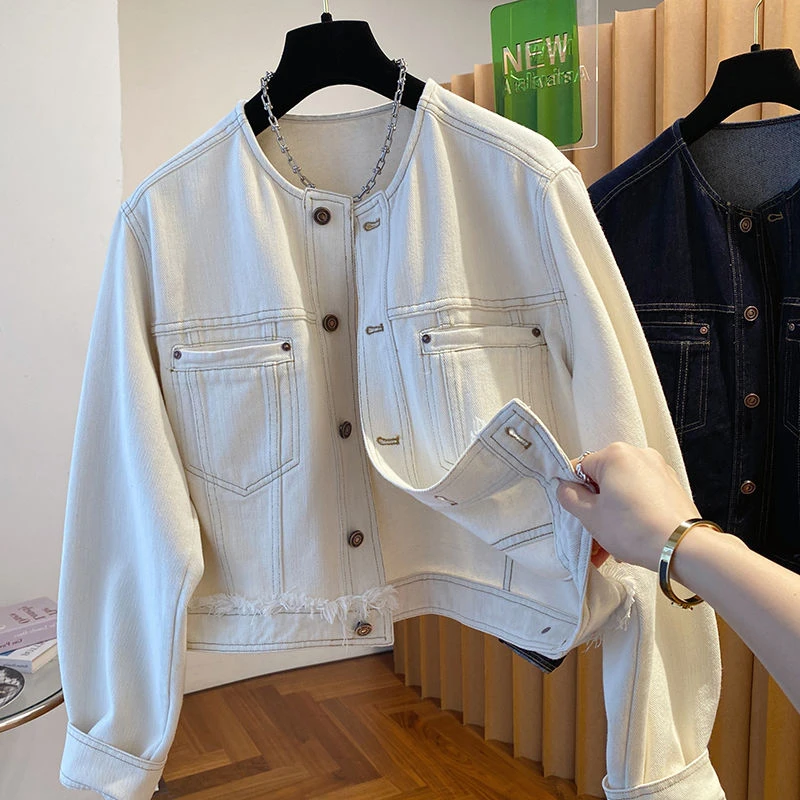 2025短款春秋新款圆领牛仔外套女宽松休闲百搭通勤明线小个子上衣