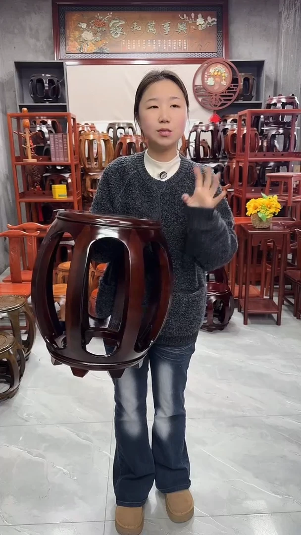 花梨木类家具微瑕胡桃色大号鼓凳2号