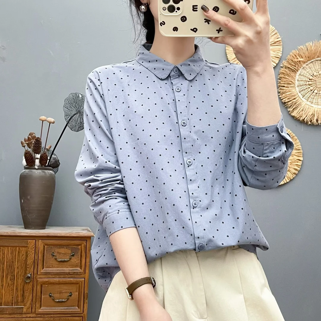 春秋新款女士衬衫宽松百搭点点娃娃领休闲波点叠穿衬衣韩版上衣