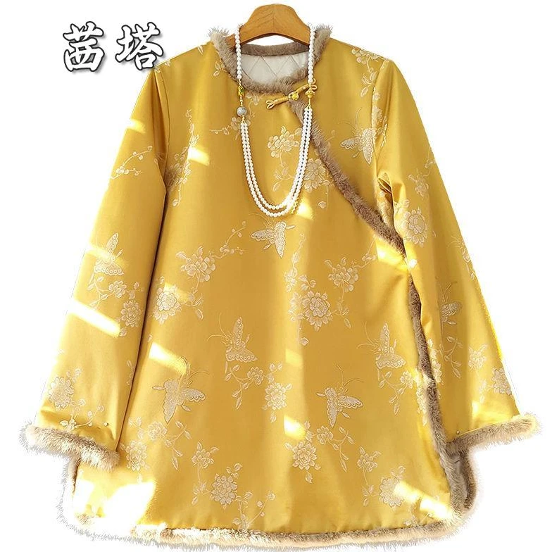 黄色改良新中式旗袍棉服女中长款冬装毛条拼接提花国风夹棉上衣