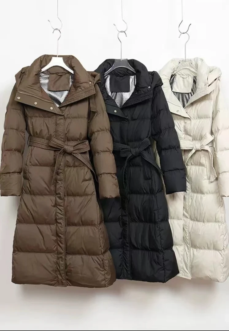 白鸭绒中长款加厚收腰连帽保暖女士羽绒服