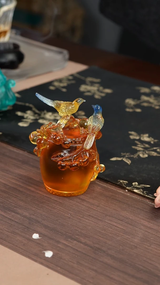 手工艺品琉璃鼓动喜事鸟茶宠摆件