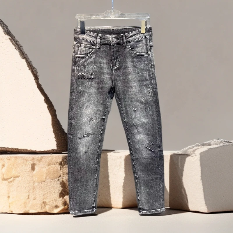 诺顿雷斯欧货潮流轻奢修身男士春季新款字母提花小脚裤水洗牛仔裤