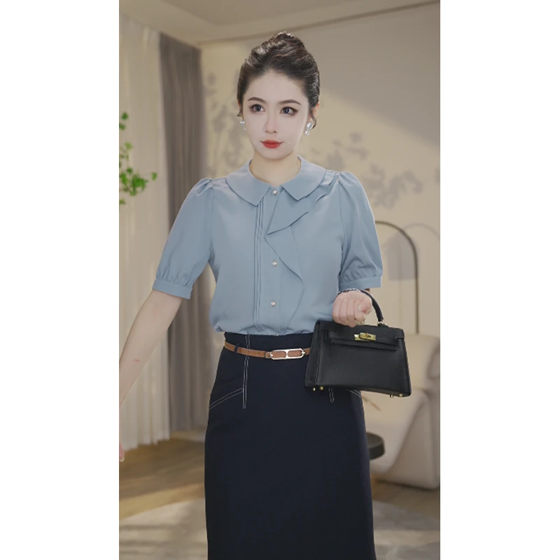【曼曼甄选】曼贝欧诺风衬衫女8492333蓝绿色洋气法式高级感上衣