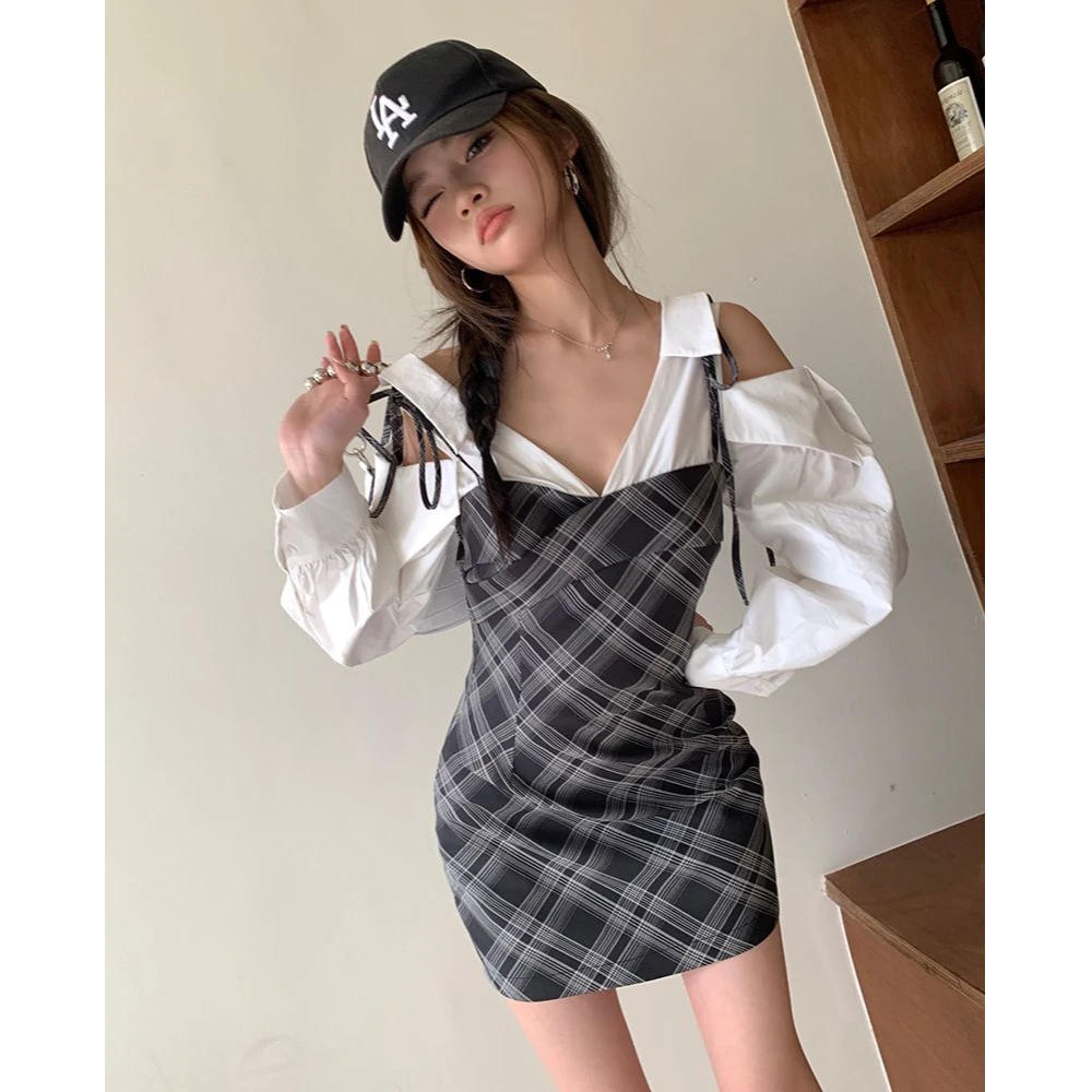 春装新款假两件格纹连衣裙女收腰辣妹包臀裙短裙