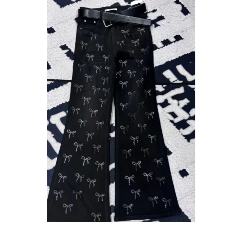 TCH-时尚潮牌蝴蝶结烫钻黑色牛仔裤T75C20E1115