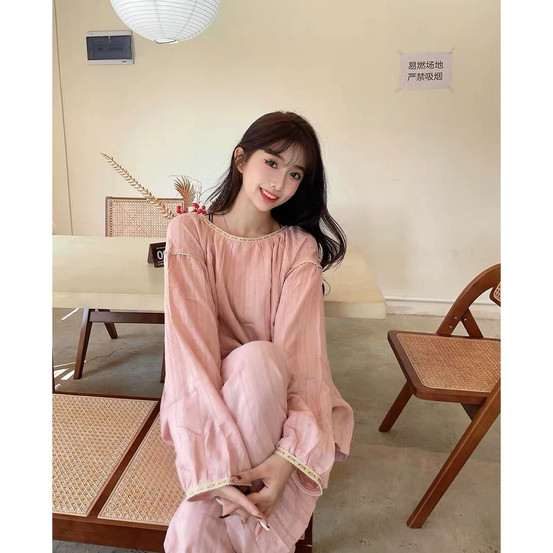 2025韩版甜美粉色春秋睡衣女长袖宽松复古套头慵懒舒适家居服套装