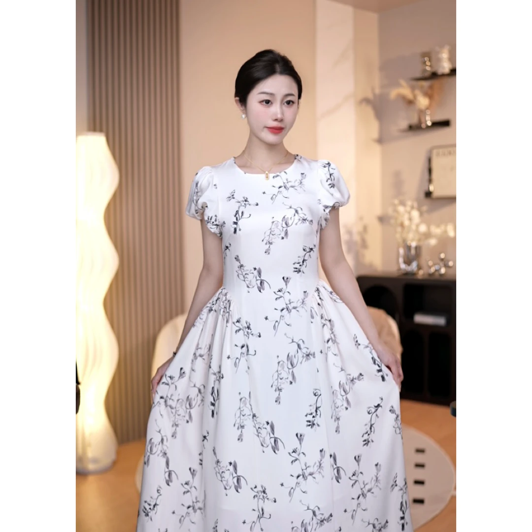 SSHAN珊珊法式复古提花连衣裙夏季新款高级缎面大摆温柔长裙8620D