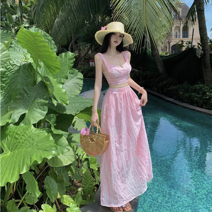 泰国多巴胺元气甜妹穿搭夏季海岛海滩裙甜辣风套装裙三亚海边度假