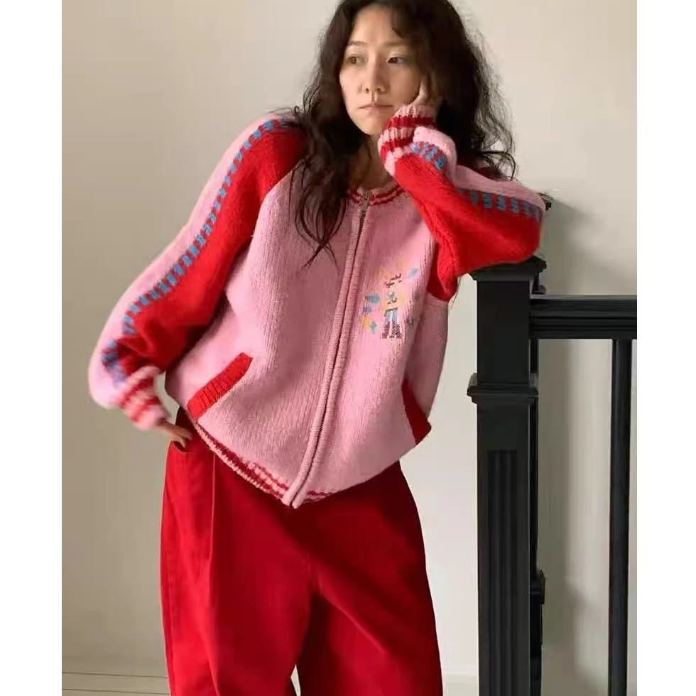 K2532 <秋日多巴胺> 休闲风拼色图案拉链毛衣外套