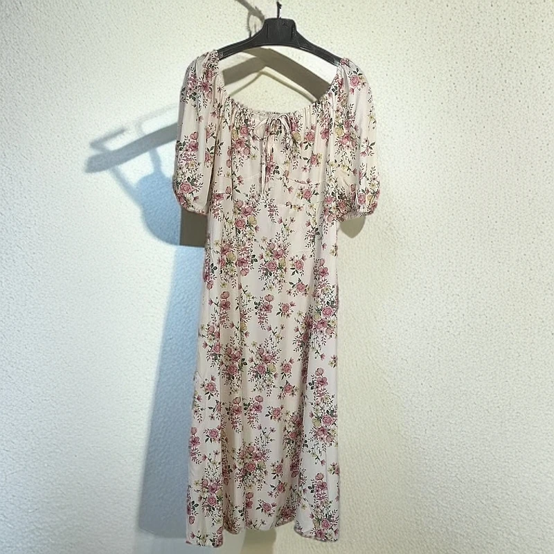 9010法式少女短袖夏季碎花气质长款连衣裙泡泡袖长裙方领裙子