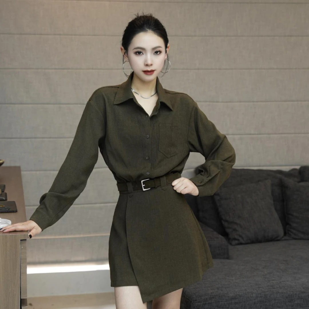 POPULARYW【观山芷】Z·R上品屋 复古翻领单排扣配腰带衬衫连衣裙