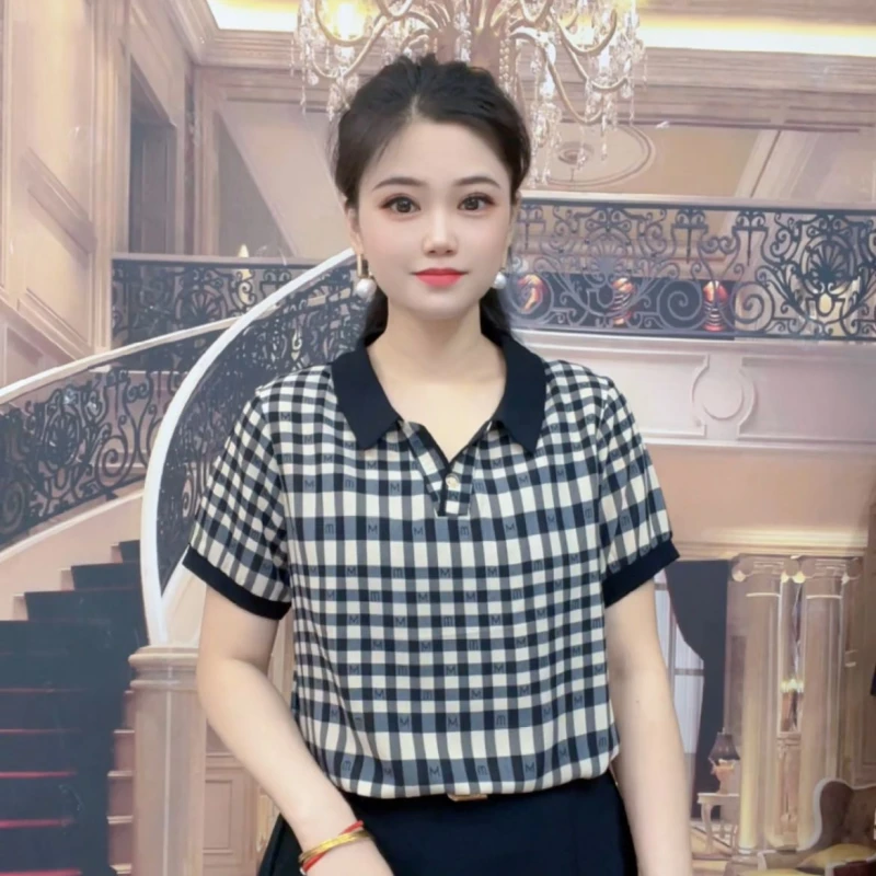 洋气妈妈装夏季时尚格子翻领宽松显瘦休闲百搭中老年女装短袖上衣