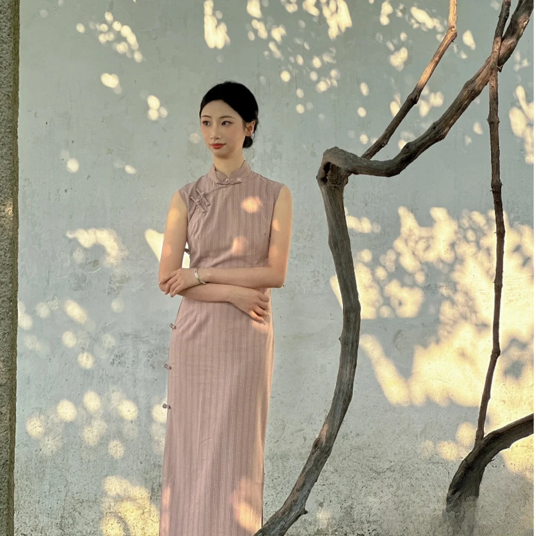 【玉凤】无袖旗袍新款夏季新中式改良年轻少女日常连衣裙条纹绝美