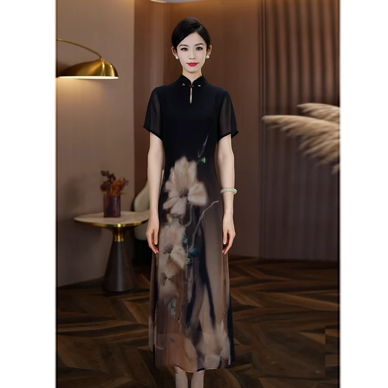 国风连衣裙女2025夏季新款修身显瘦改良旗袍优雅裙子黑色气质长裙
