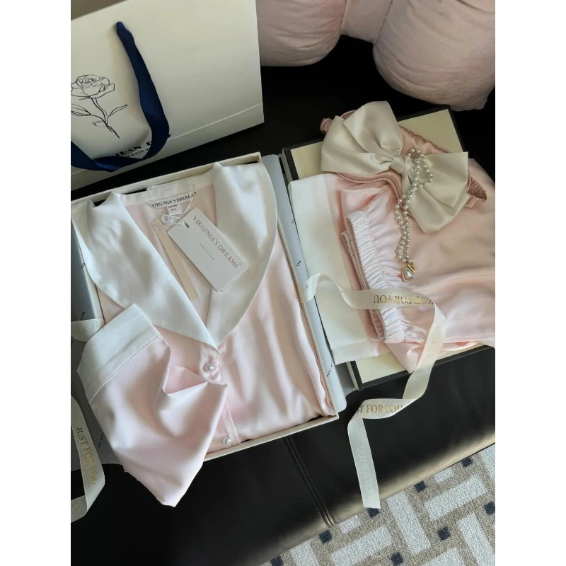 千金甜美奶白嫩粉色拼接冰丝睡衣女2025年春夏季大码家居服套装女