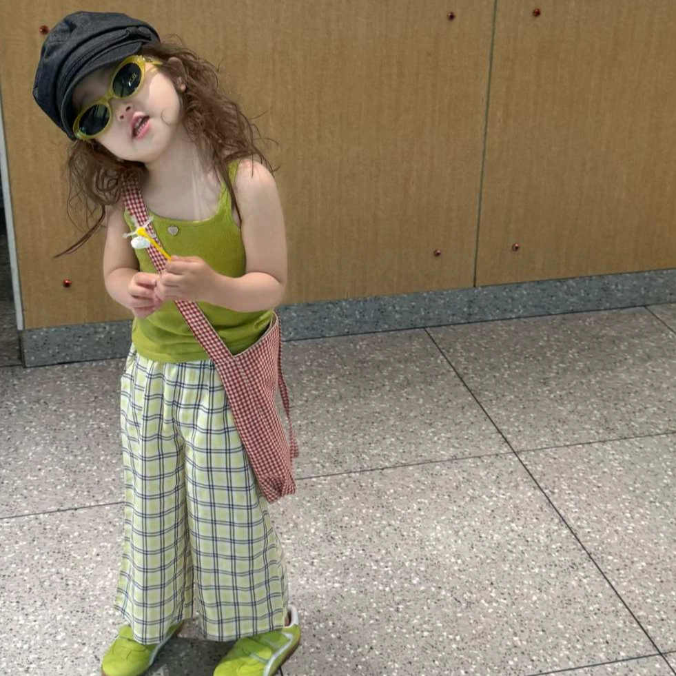 《小思家》2025夏季新款韩版休闲百搭度假风多巴胺色吊带格子裤套装