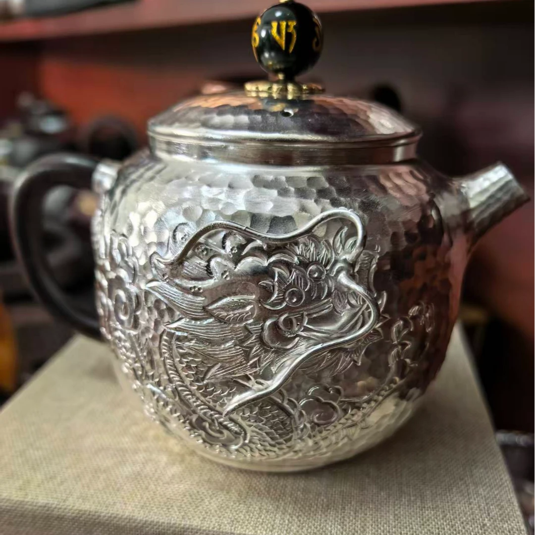 300ML纯手工錾刻盘龙紫铜镀银手把泡茶壶