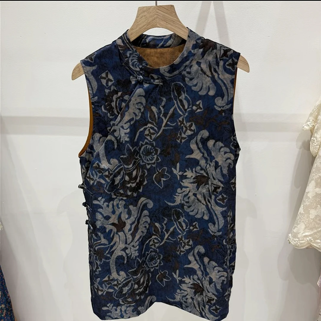 【青花瓷】 新中式长款立领夏季薄款提花斜襟无袖上衣背心裙