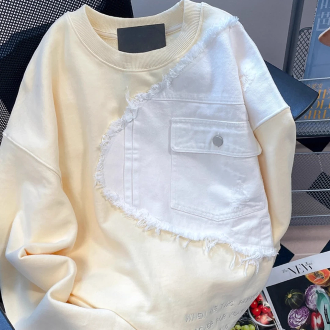 大码300斤美式复古牛仔拼接圆领卫衣男女2025秋冬加绒情侣装上衣